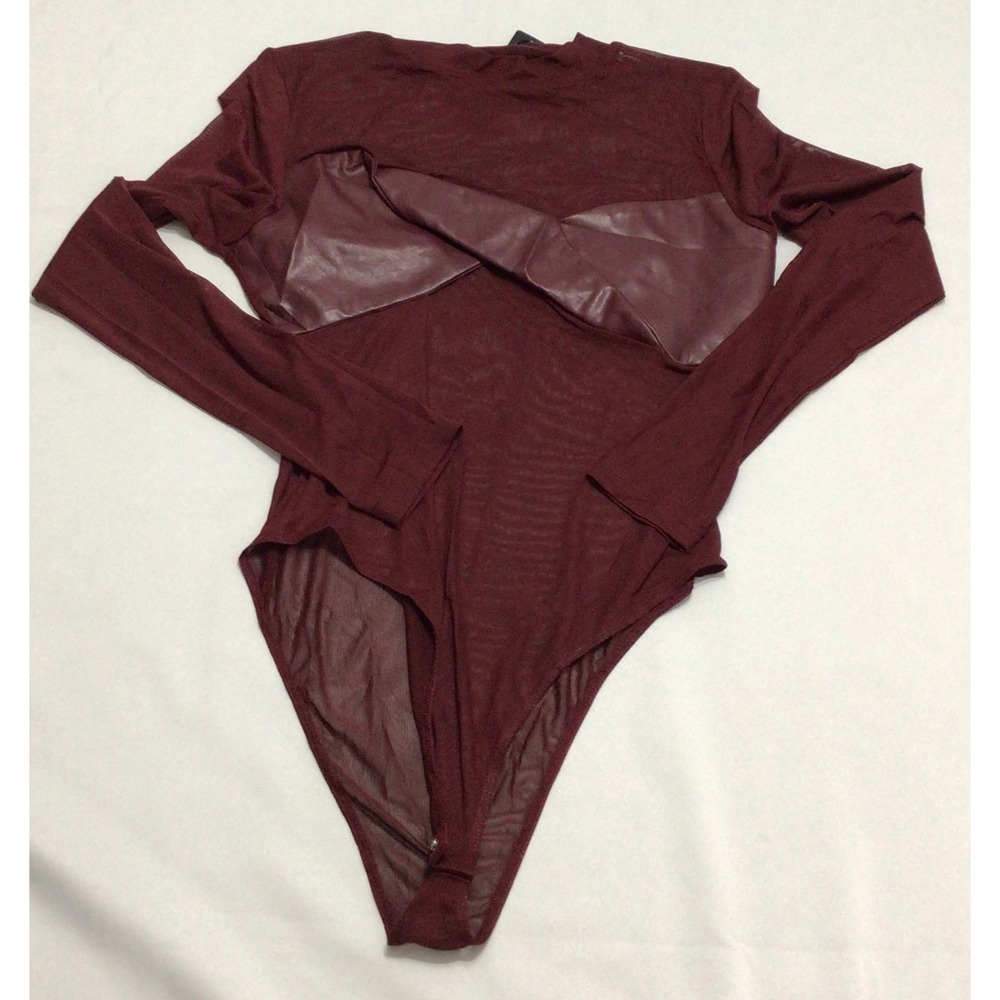 Fashion Nova Best Of Luck Long Sleeve Mesh Faux Leather Bodysuit Burgundy L